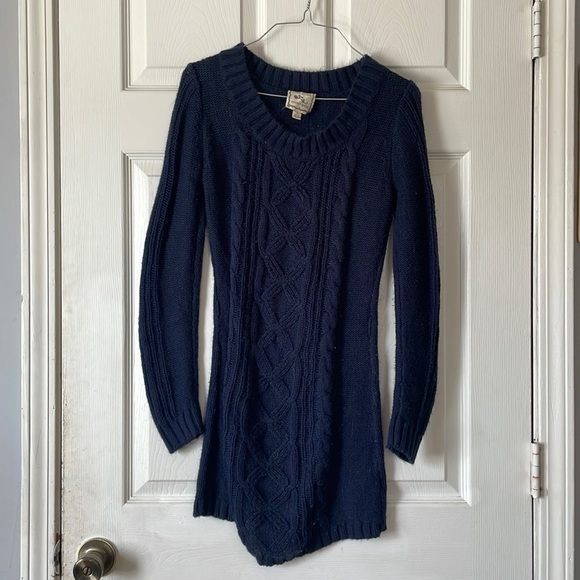 Pink rose navy blue chunky cable knit ribbed knitted crew neck Tunic sweater S - Picture 1 of 17